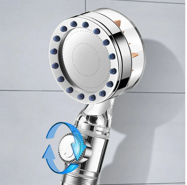High-pressure turbo shower head with powerful water flow, made of durable ABS and stainless steel materials