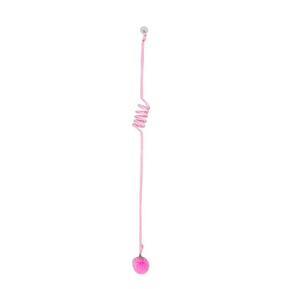 Hanging cat toy with spring, bell, and inflatable ball attached to a door via a suction cup.