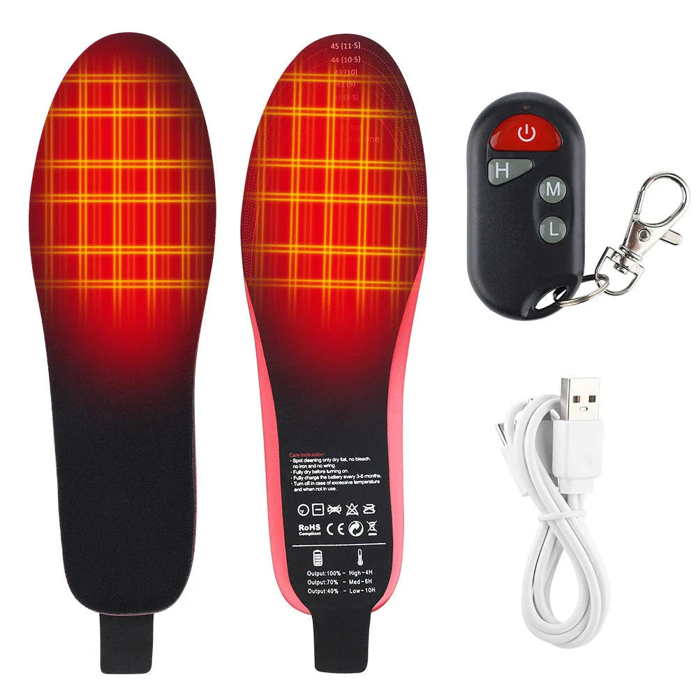 Rechargeable heated insoles with carbon fiber heating elements and adjustable temperature settings to keep feet warm and comfortable in cold weather