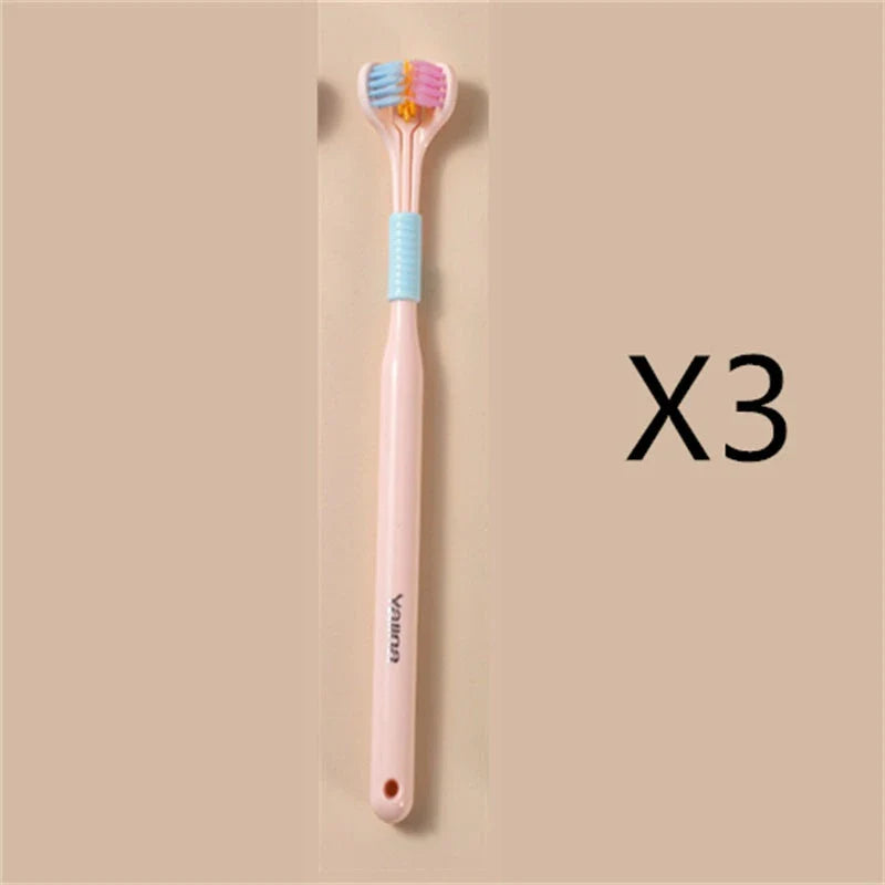 A soft bristle toothbrush with a unique triple-sided brush head for deep cleaning and customizable bristle firmness.