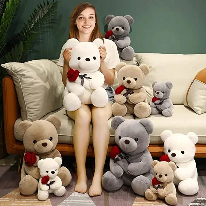 Soft, huggable plush teddy bear pillow with a vivid cartoon design, available in brown, beige, and grey colors and ranging from 10 to 18 inches in height.