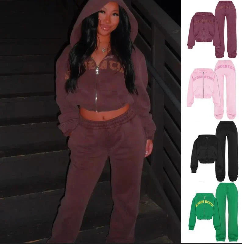 Stylish athleisure set featuring a zip-up sweatshirt with 3D pattern and comfortable drawstring pants in various colors