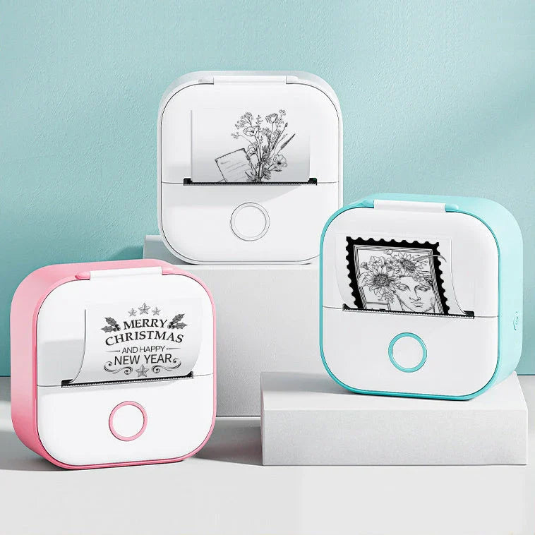 Compact Bluetooth-enabled thermal label printer in white, pink, and green colors with various label options