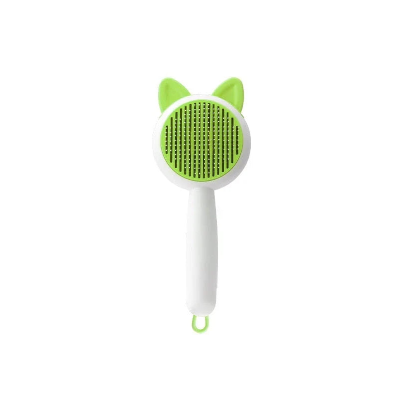 Dual-purpose pet grooming brush with self-cleaning design, available in greenish white and orange white colors