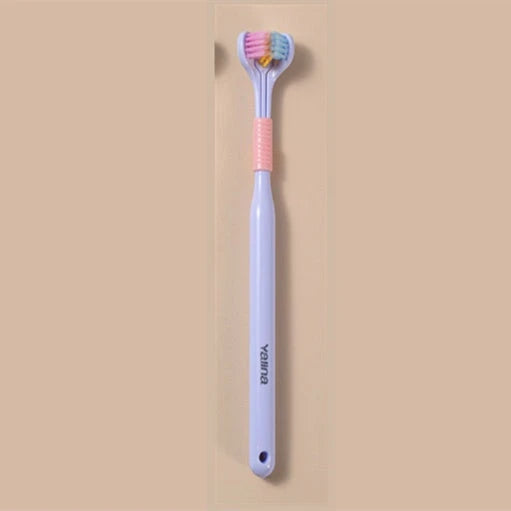 A soft bristle toothbrush with a unique triple-sided brush head for deep cleaning and customizable bristle firmness.