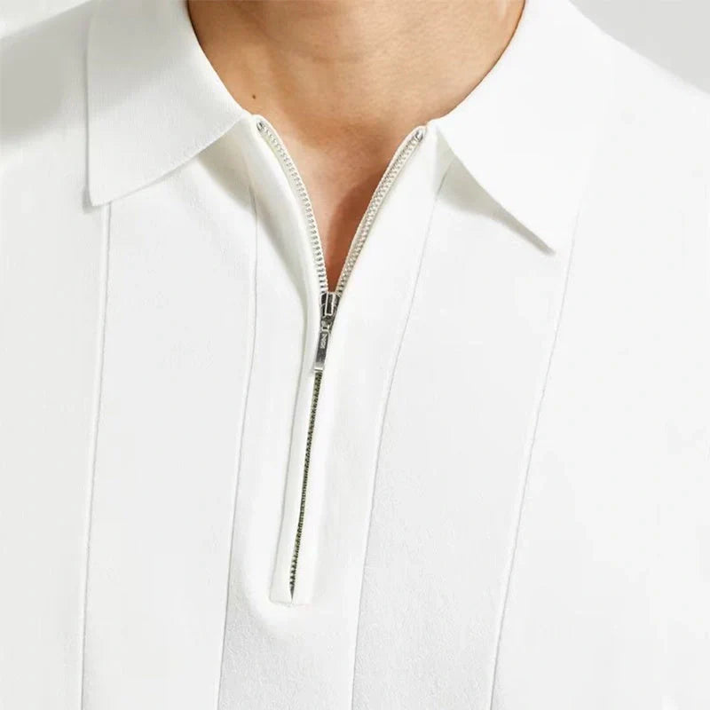 Men's stylish summer polo shirt with lapel zipper in white and dark blue