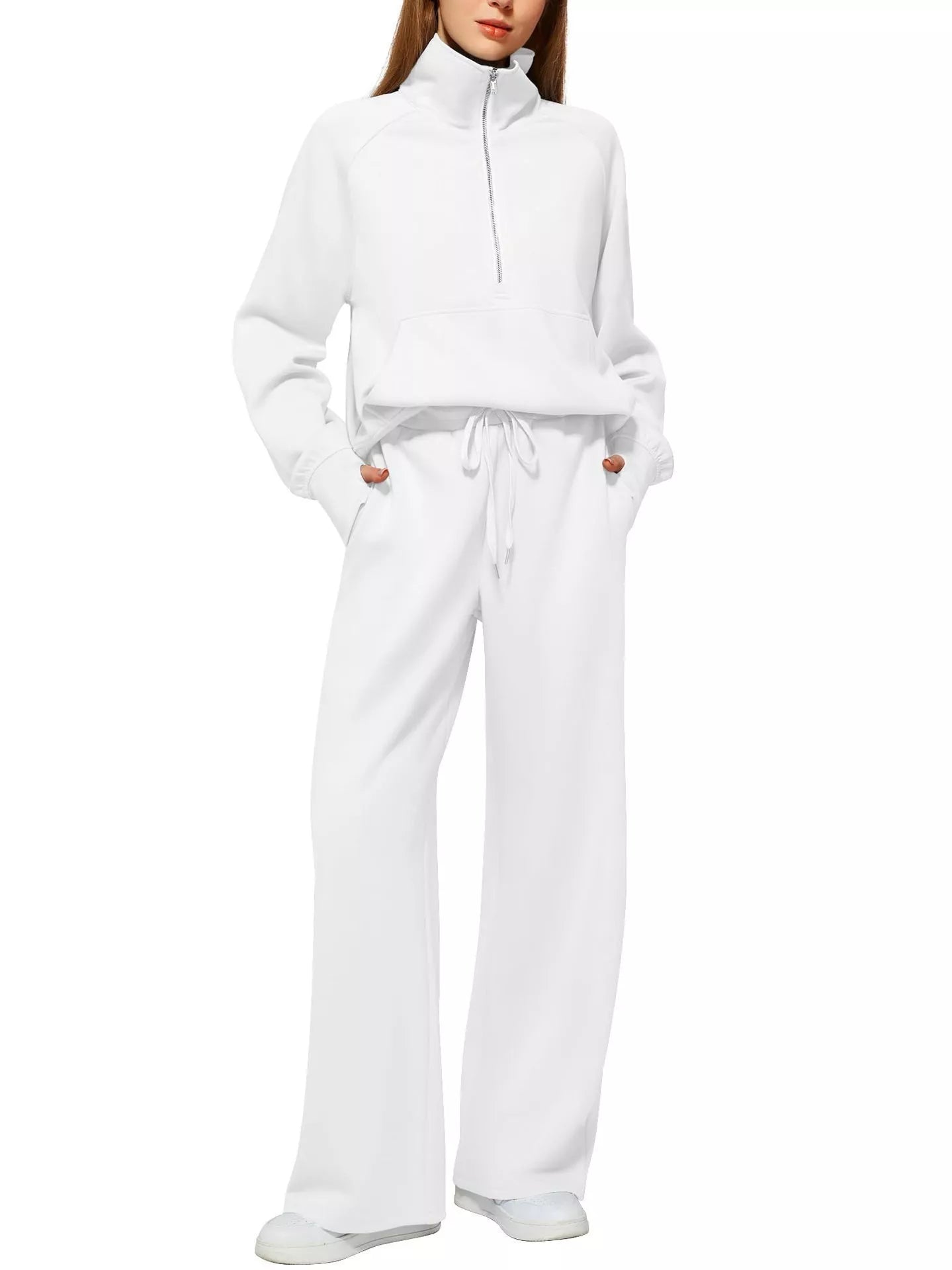 Women's solid colour long-sleeved sweater trousers suit in polyester, available in multiple colours and sizes.
