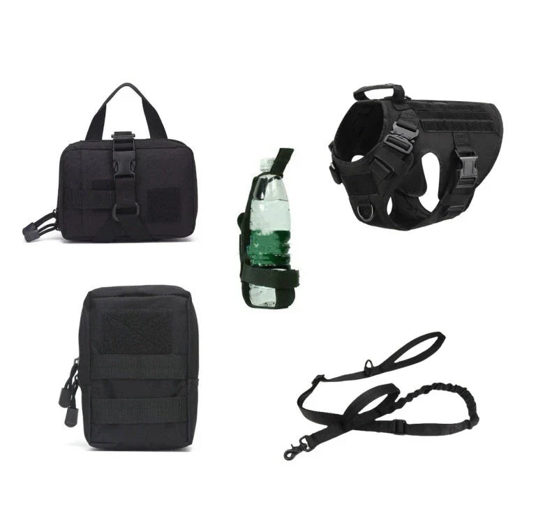 Premium tactical dog harness with reinforced metal buckles, customizable morale patches, and a top handle for control and lifting.