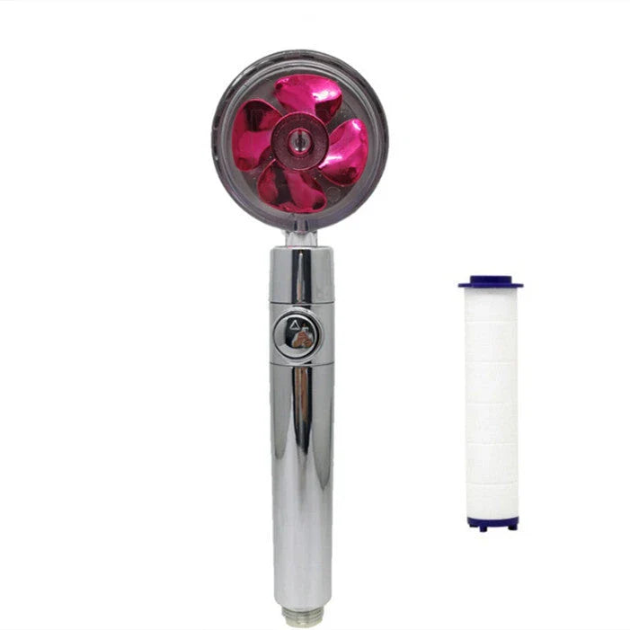 A high-pressure handheld shower head with a turbo-charged water flow and a cotton filter for a luxurious, spa-like bathing experience.