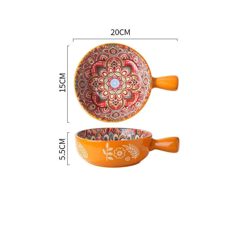 Elegant ceramic bowls with floral handles in blue, red, and green glazed finishes, perfect for serving salads and desserts