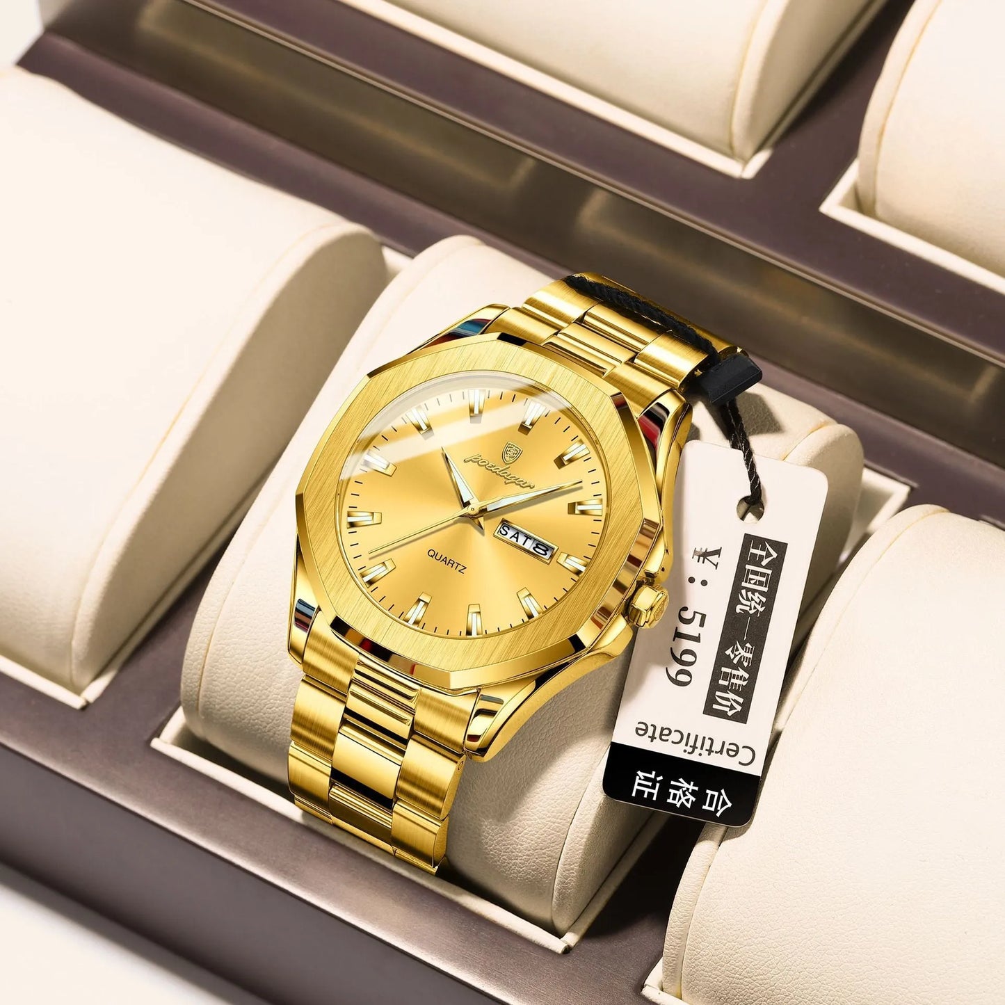 Men's steel strap quartz watch with 9mm thick case in a business style, showing colour options.