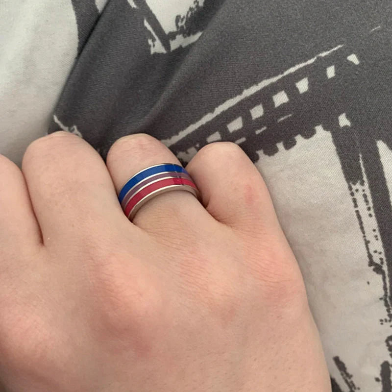 Bisexual pride stainless steel ring in geometric design, available in multiple styles and sizes