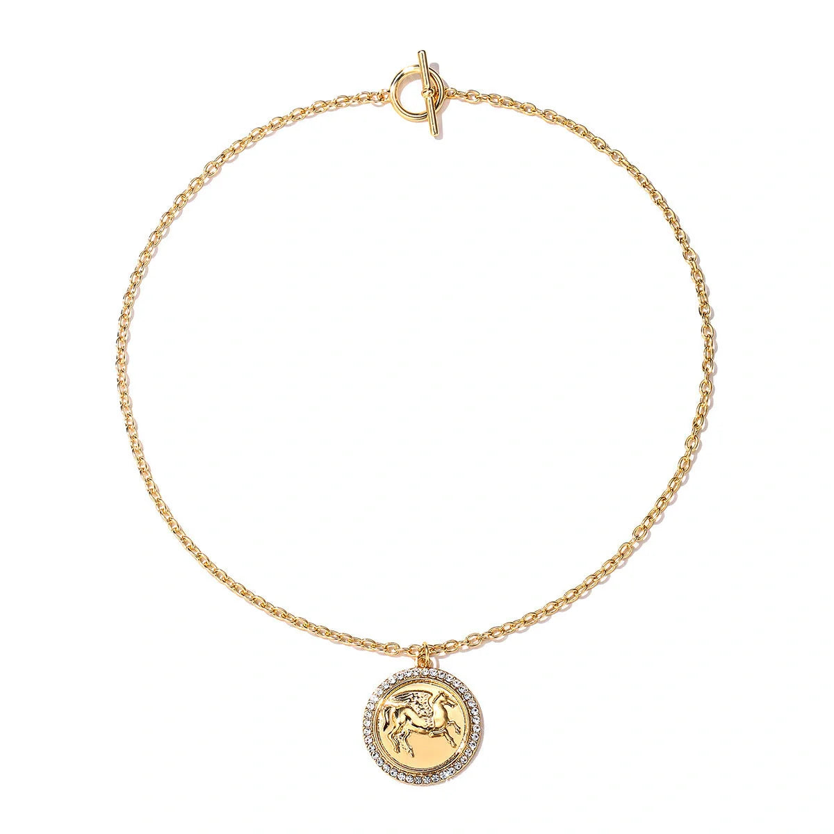 Exquisite Pegasus coin necklace and earrings set in an antique-inspired design, showcasing intricate relief carvings of the mythical winged horse from ancient Greek legend.