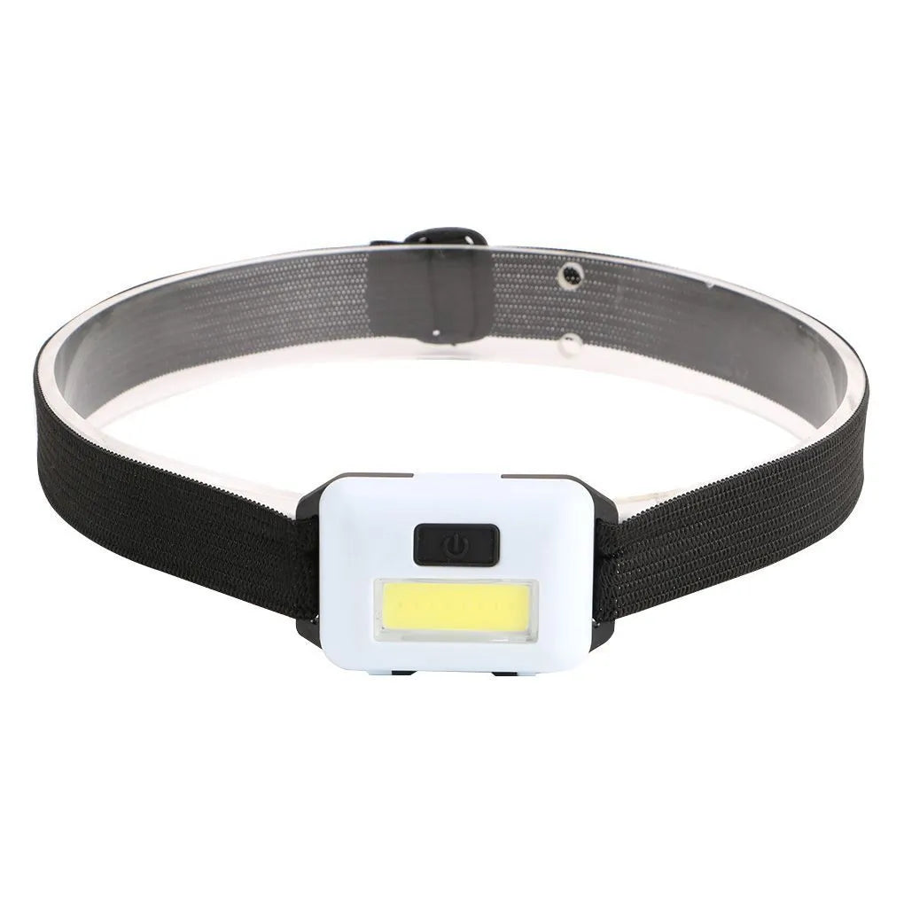 Outdoor mini COB LED headlight in black with adjustable polyester strap, showing compact design and lighting modes.