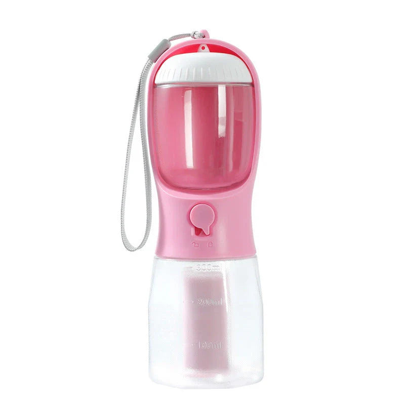 Portable 3-in-1 pet water bottle with built-in filtration system, food container, and waste bag storage compartment
