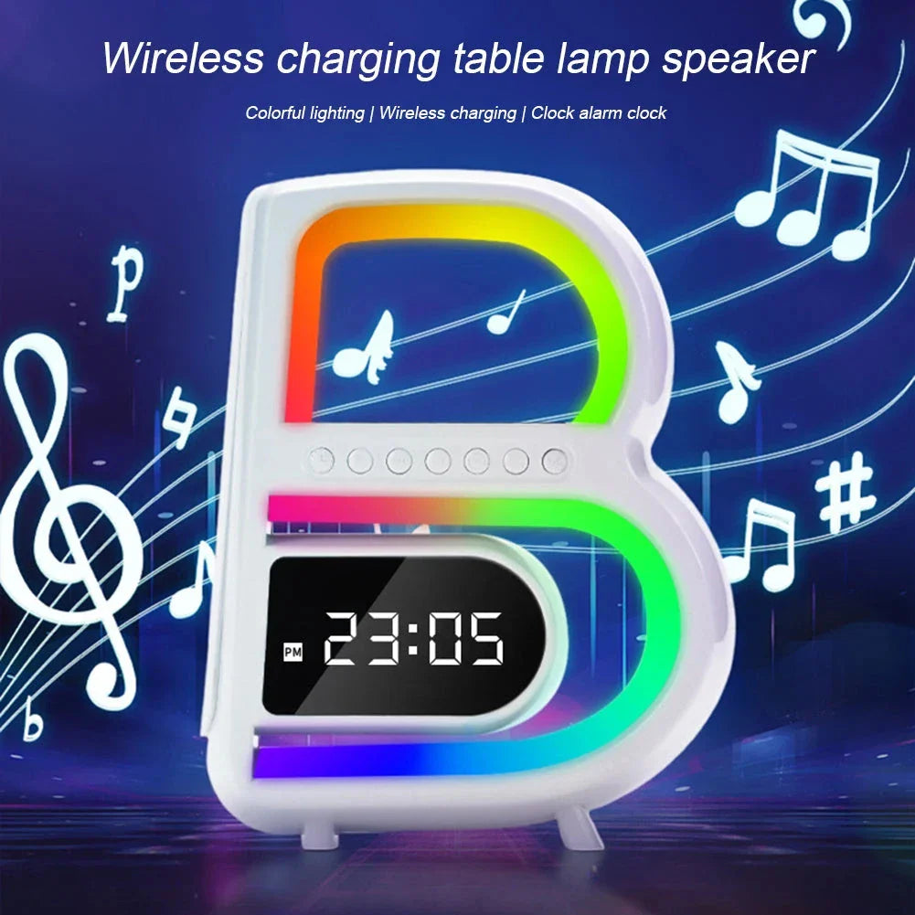Multifunctional B-shaped Bluetooth speaker lamp with wireless charging, adjustable lighting, and alarm clock features