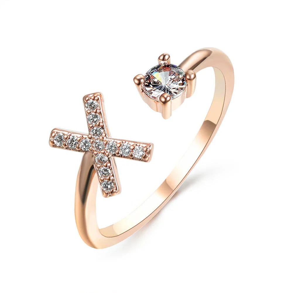 Personalized Initial Letter Crystal Ring with Adjustable Design in Gold, Silver, and Rose Gold Colors