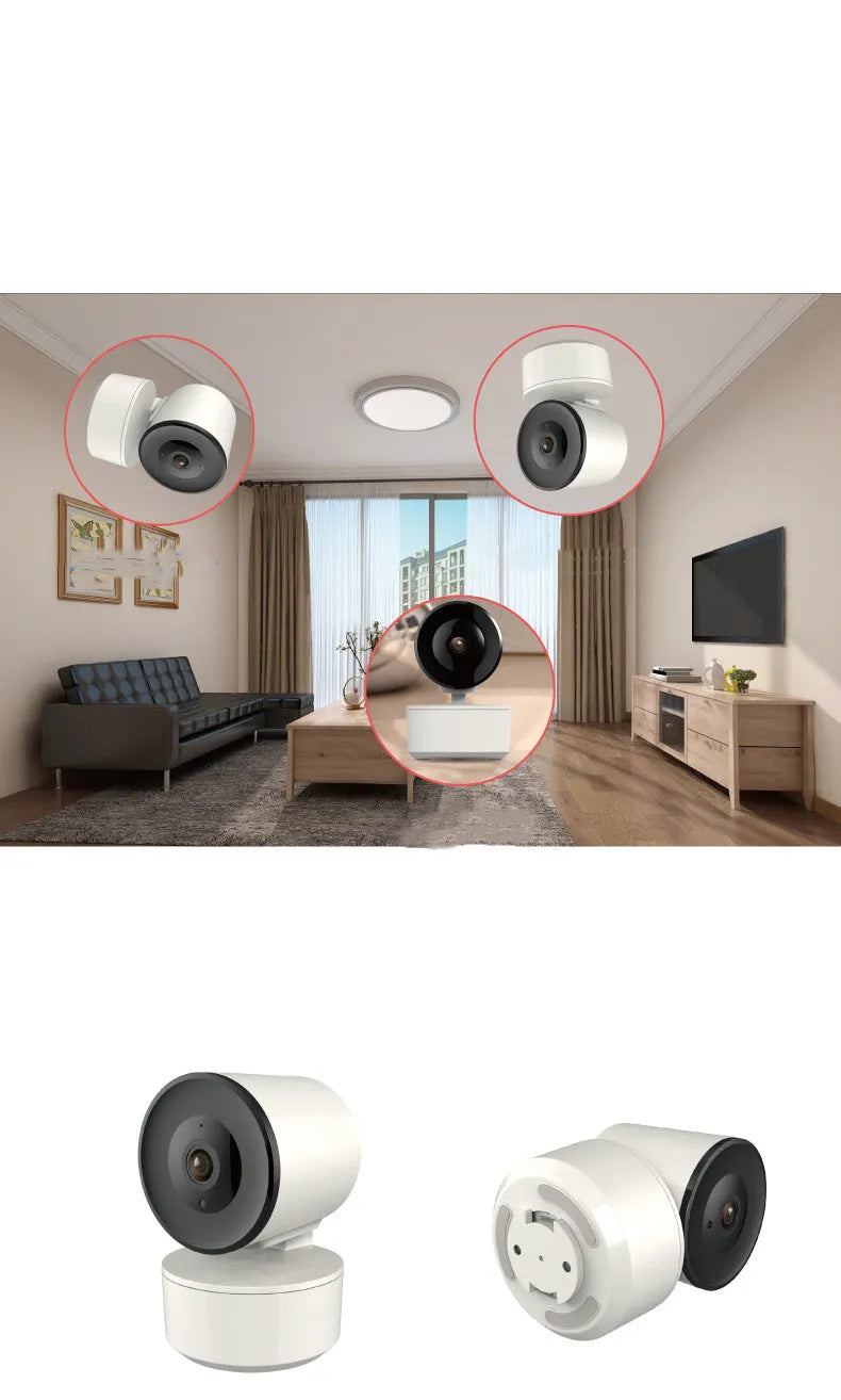 White indoor Wi‑Fi security camera with a lens on a swivel base for pan and tilt movement.