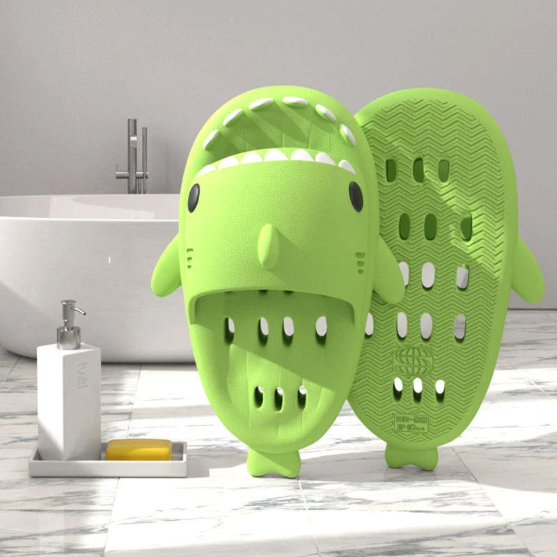 Stylish shark-themed shower slides with drainage holes and non-slip soles, made of lightweight and quick-drying EVA material