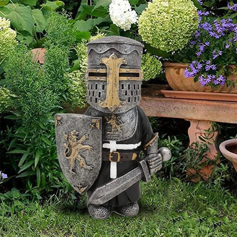 Decorative resin dwarf knight statues in various warrior poses, designed to protect and enchant garden and lawn spaces