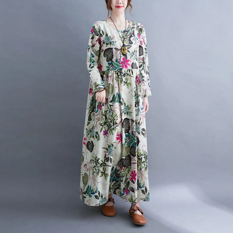 Elegant plus size printed cotton blend dress for women, stylish and comfortable
