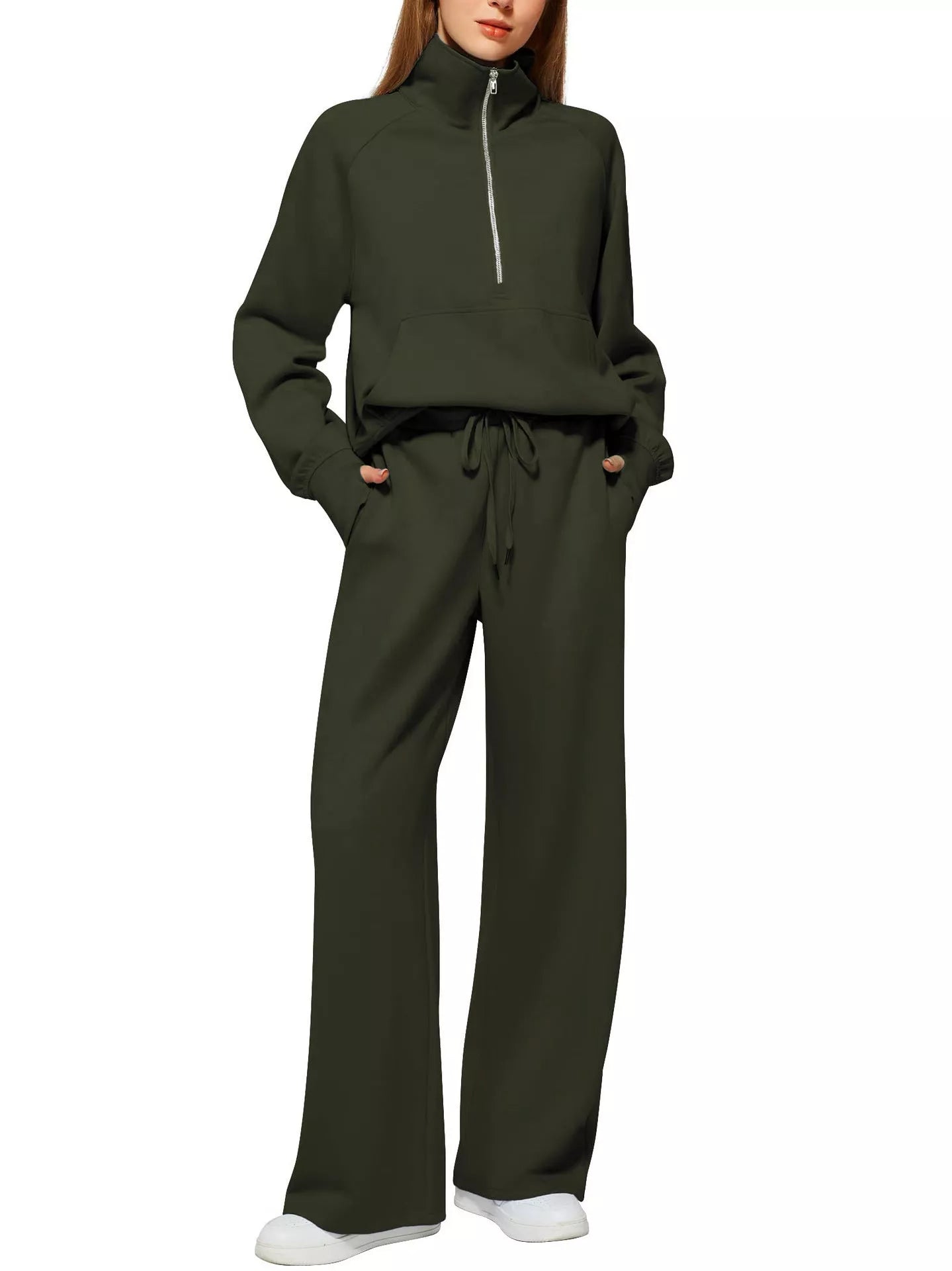 Women's solid colour long-sleeved sweater trousers suit in polyester, available in multiple colours and sizes.