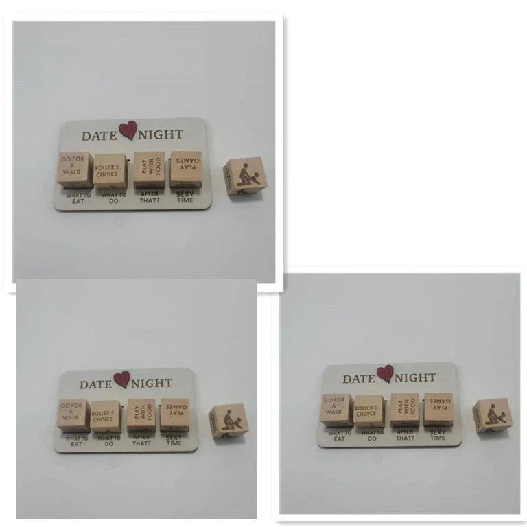 Romantic wooden date night dice set with customizable prompts for couple's adventures