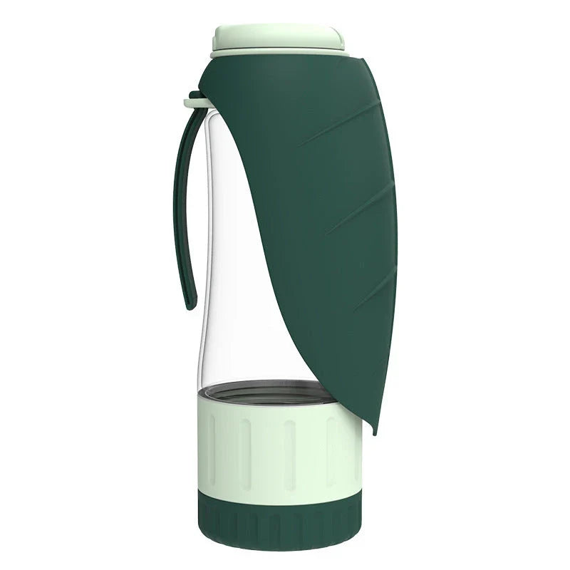 Multifunction pet water bottle with collapsible feeding bowl in green, grey, and blue colors for hydrating and feeding pets during travel and outdoor activities