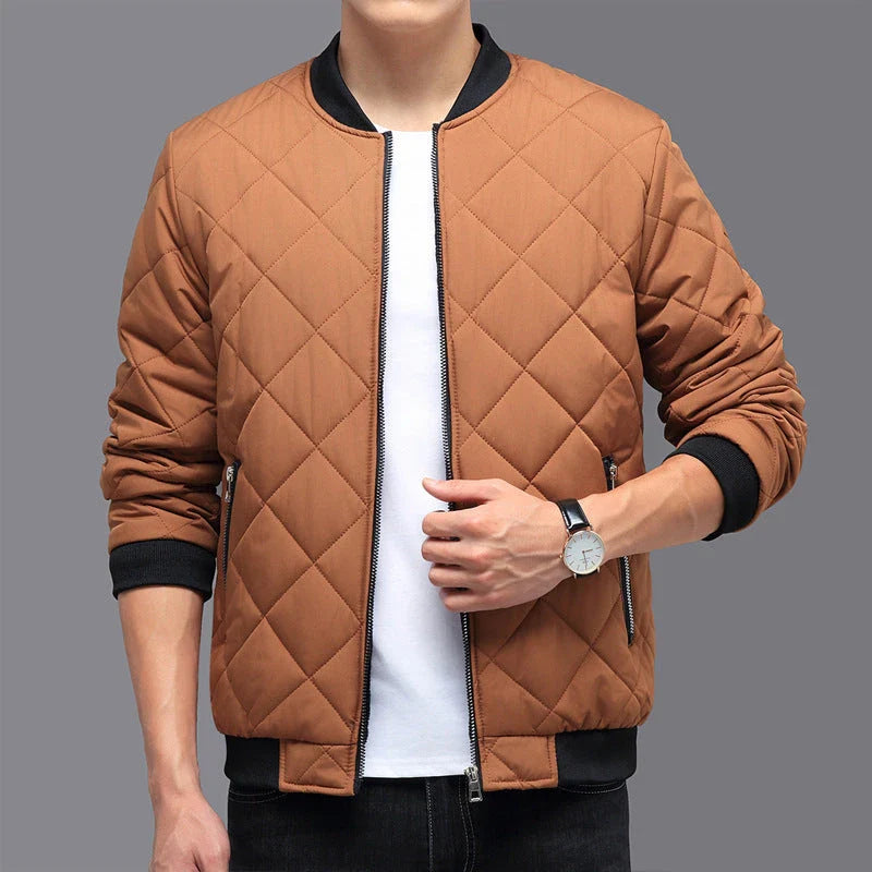 Insulated cotton jacket with rhombic-sewing design, available in khaki and black colors.