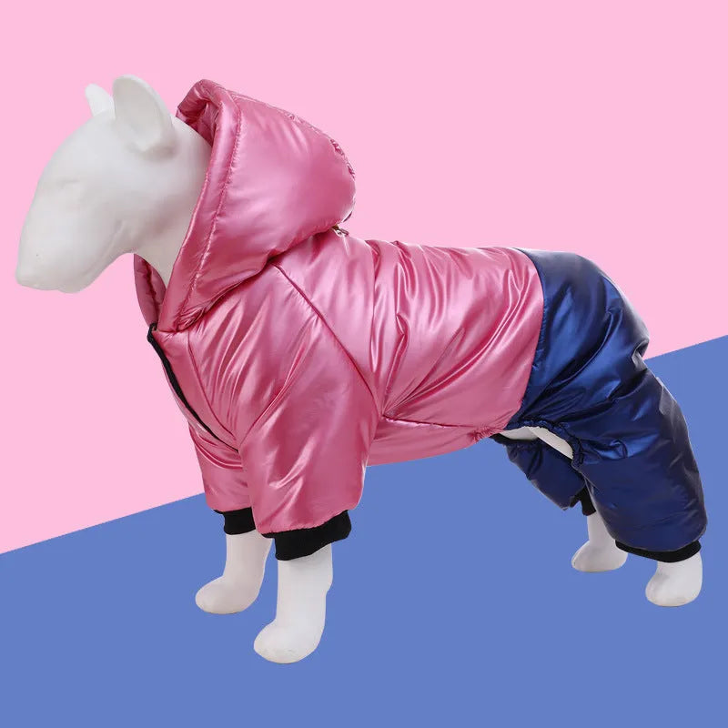 Green waterproof four-legged dog coat on pet showing full coverage design