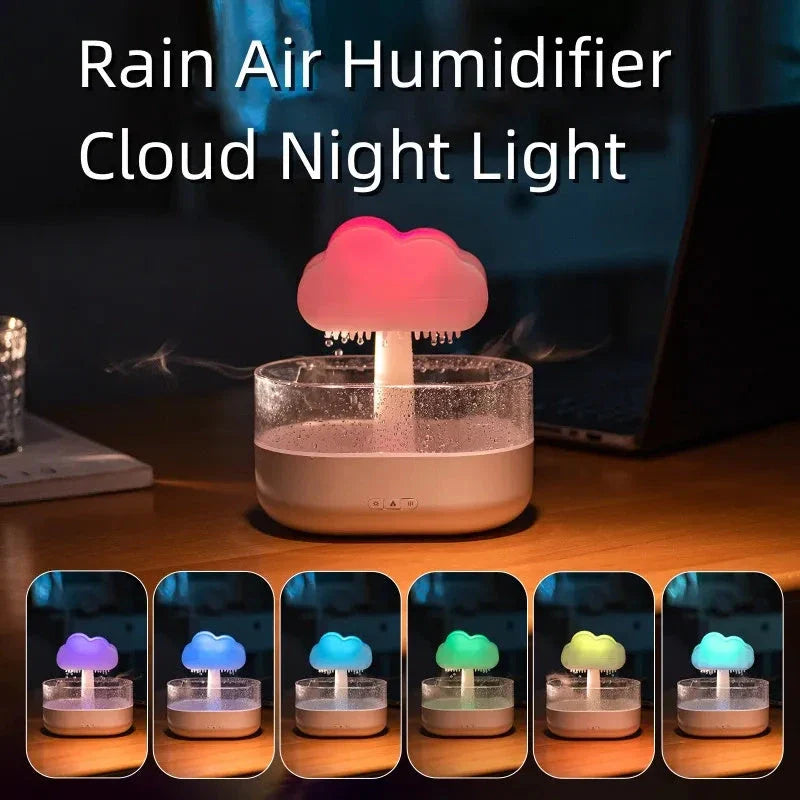 Cloud-shaped humidifier with color-changing LED lights, designed for improved air moisture and aromatherapy enjoyment