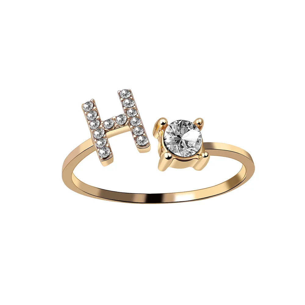 Personalized Initial Letter Crystal Ring with Adjustable Design in Gold, Silver, and Rose Gold Colors