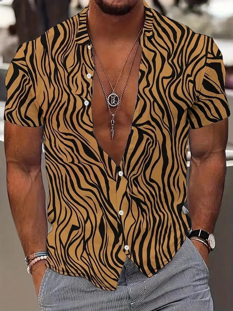 Men's geometric line printed short sleeve shirt with lapel collar in slim fit styling