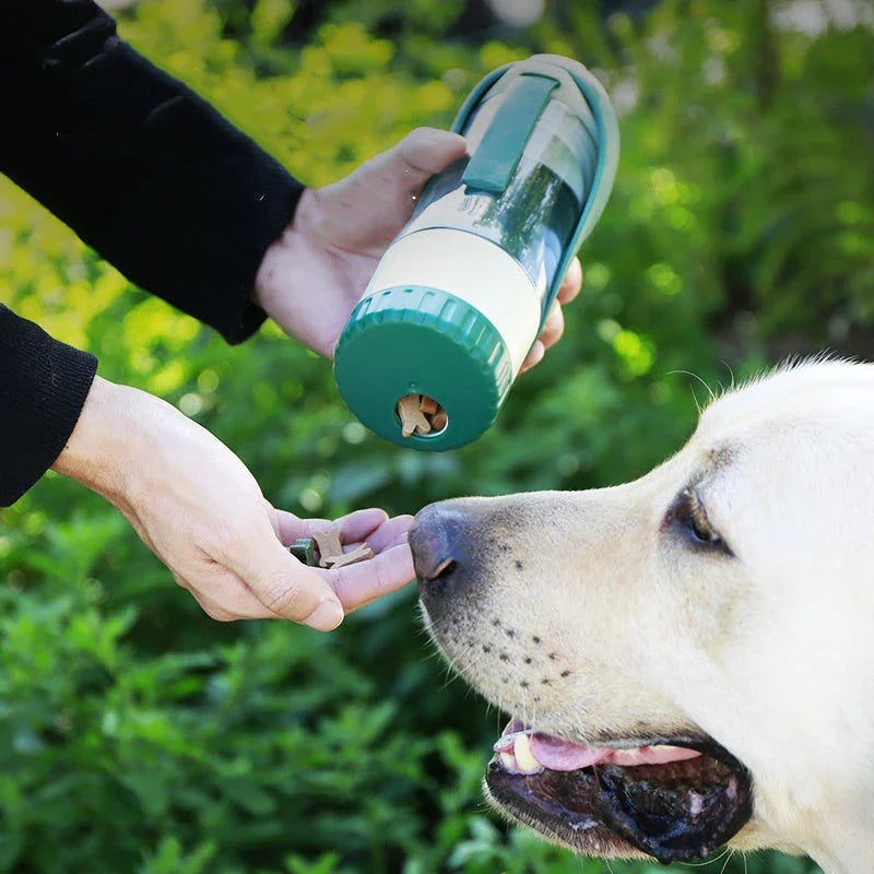 Multifunction pet water bottle with collapsible feeding bowl in green, grey, and blue colors for hydrating and feeding pets during travel and outdoor activities