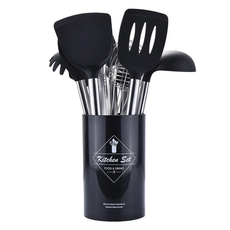 Premium silicone kitchenware set with stainless steel handles in black and red colors, including various cooking utensils and tools