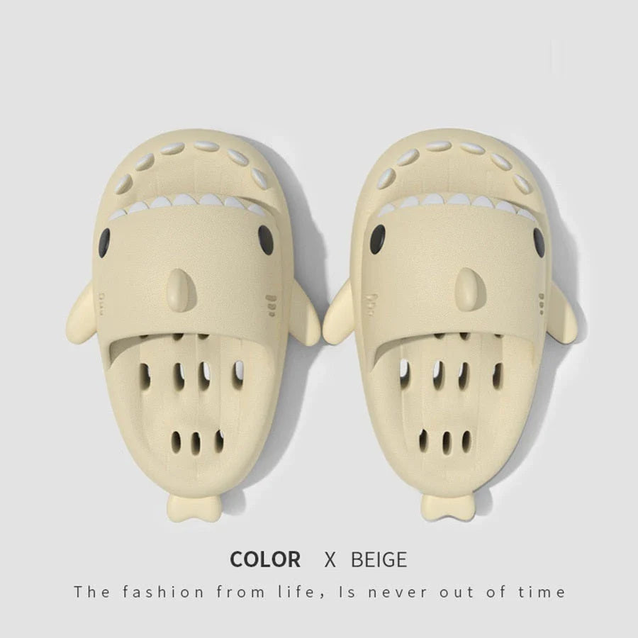 Stylish shark-themed shower slides with drainage holes and non-slip soles, made of lightweight and quick-drying EVA material
