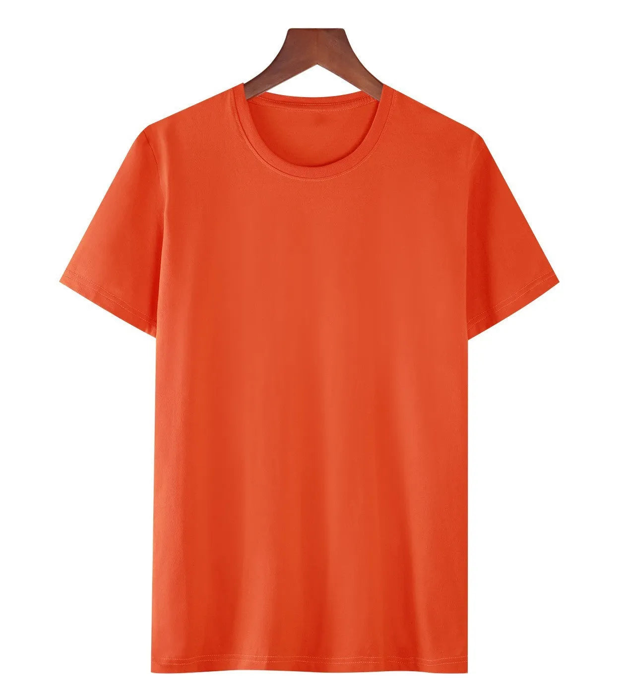 A man's loose-fitting black cotton T-shirt with short sleeves on a hanger.