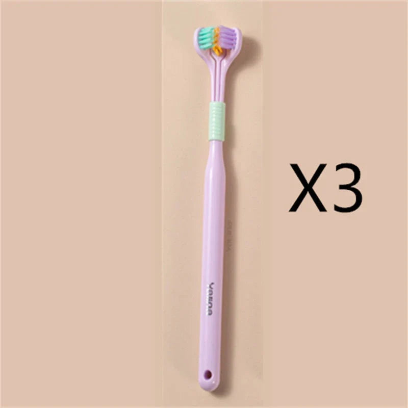 A soft bristle toothbrush with a unique triple-sided brush head for deep cleaning and customizable bristle firmness.