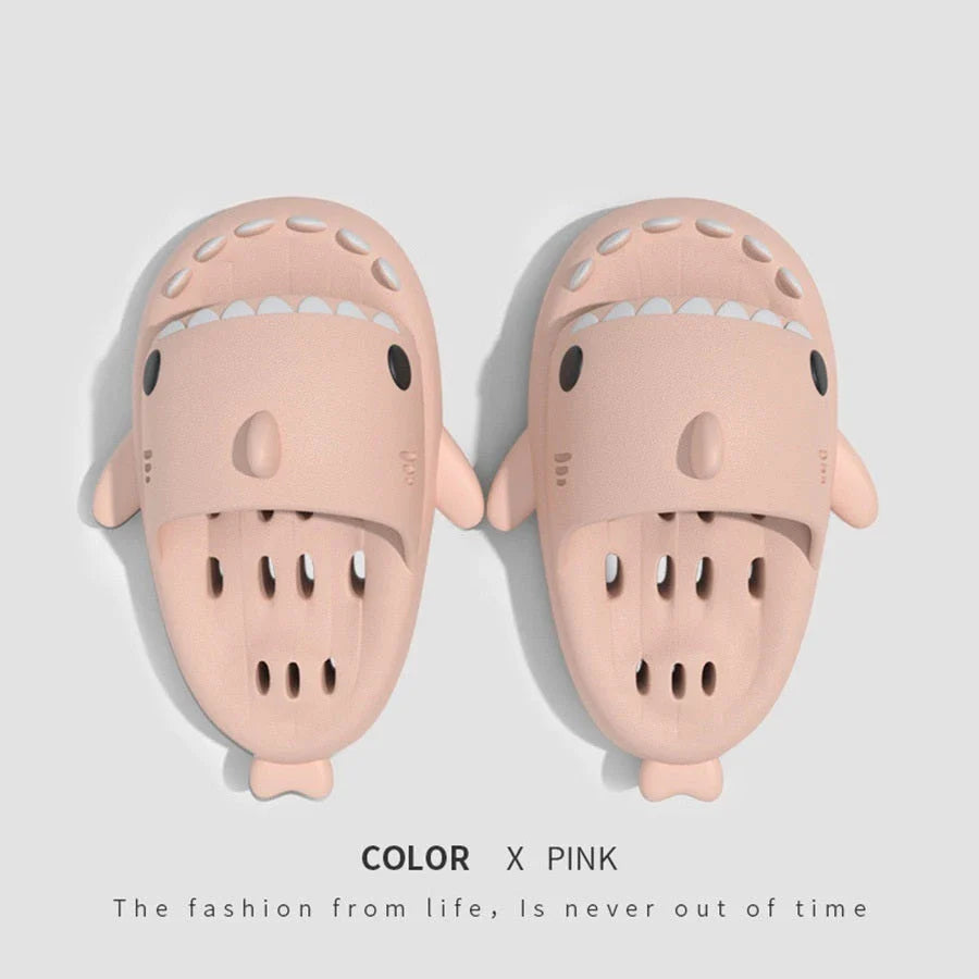 Stylish shark-themed shower slides with drainage holes and non-slip soles, made of lightweight and quick-drying EVA material