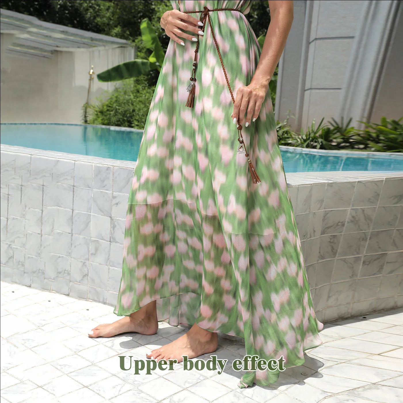 Stylish women's printed polyester dress in vibrant green