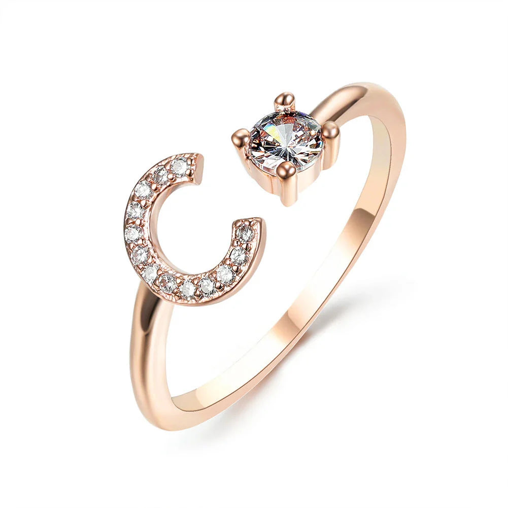Personalized Initial Letter Crystal Ring with Adjustable Design in Gold, Silver, and Rose Gold Colors
