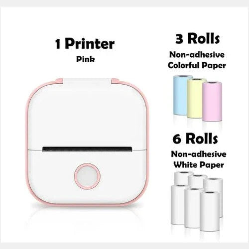 Compact Bluetooth-enabled thermal label printer in white, pink, and green colors with various label options