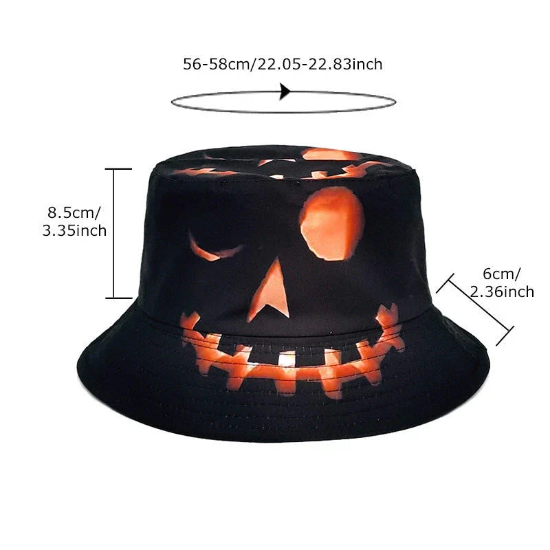 Pumpkin-themed sun hat with flat top crown and wide brim for Halloween outdoor fun and sun protection