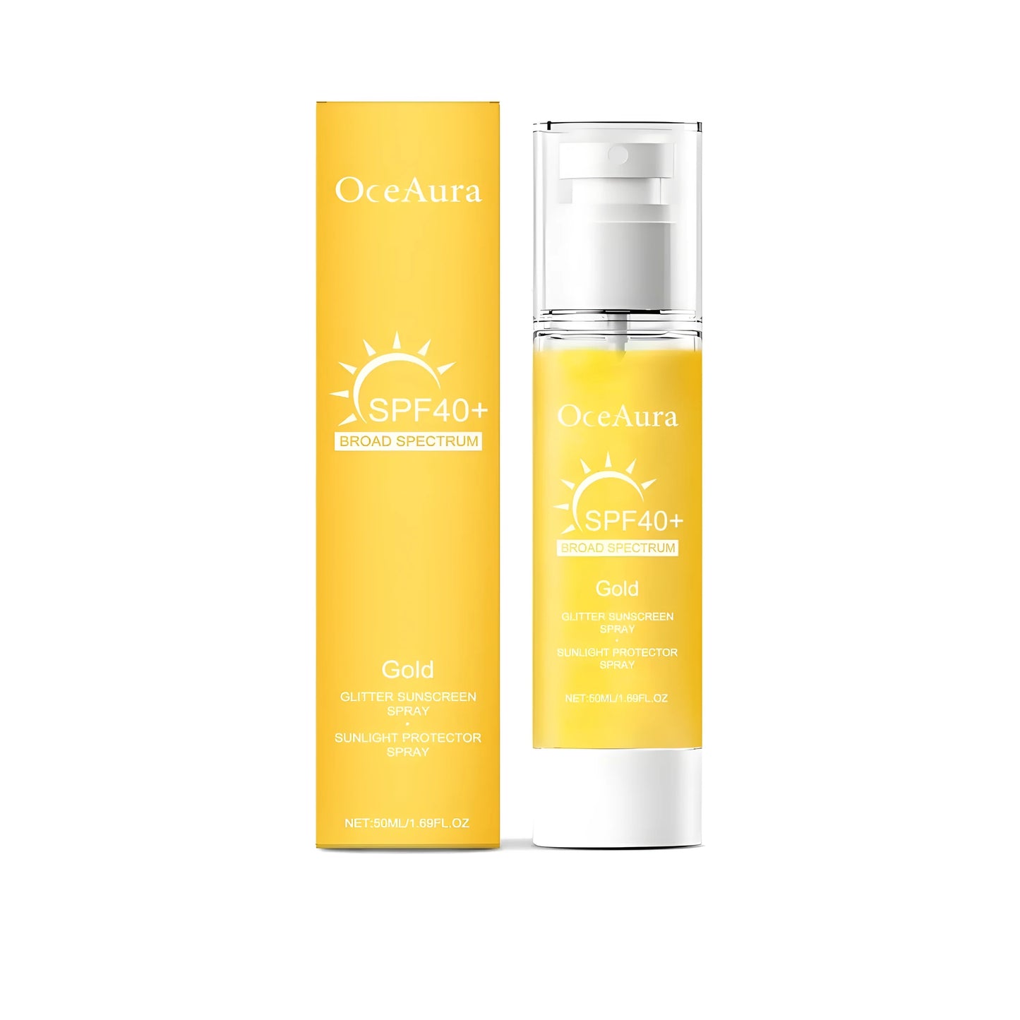 Shiny Sunscreen Spray 50ml bottle with spray cap, shown with ingredients titanium dioxide and natural oils.