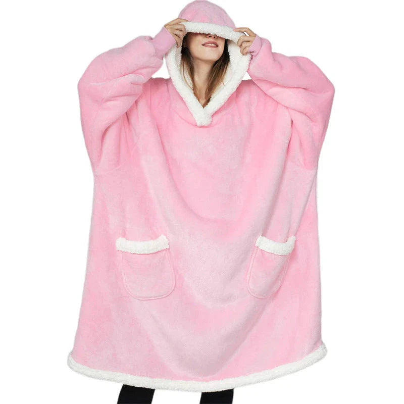 Cozy TV Hoodie Blanket in various colors, including pink, black, navy blue, wine red, and grey, with convenient pockets for relaxing at home