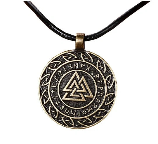Handcrafted Valknut symbol pendant and chain in circular horn, a unique Norse mythology jewellery piece.