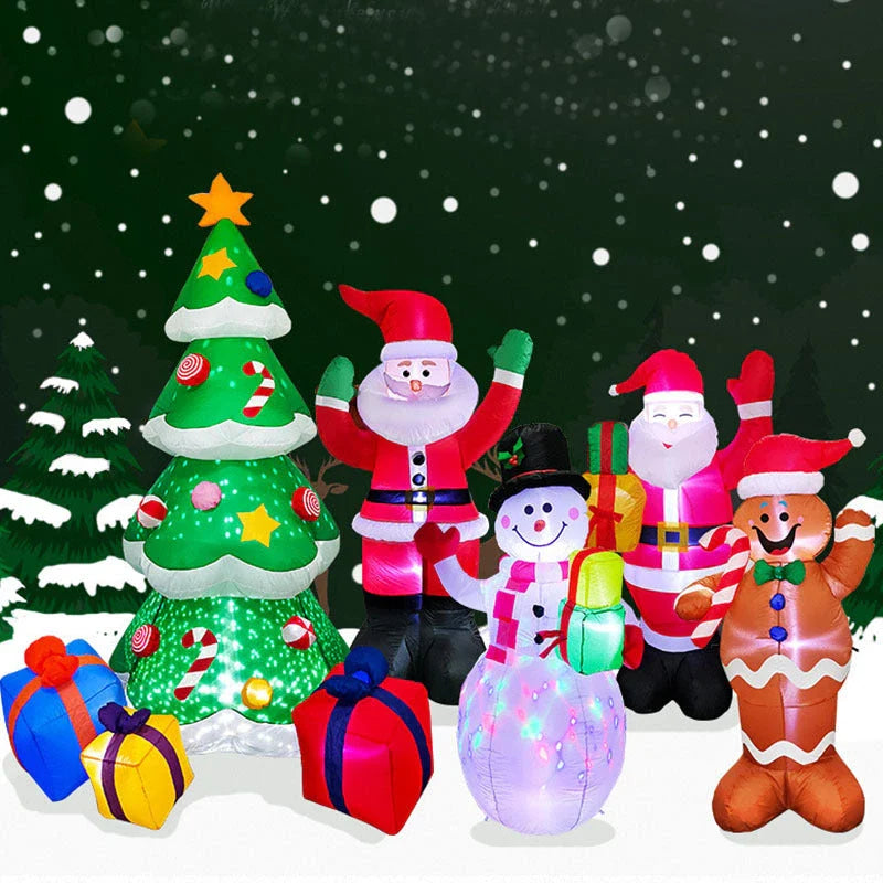 Glowing Christmas inflatables with Santa, snowman, Christmas tree, and gingerbread man designs