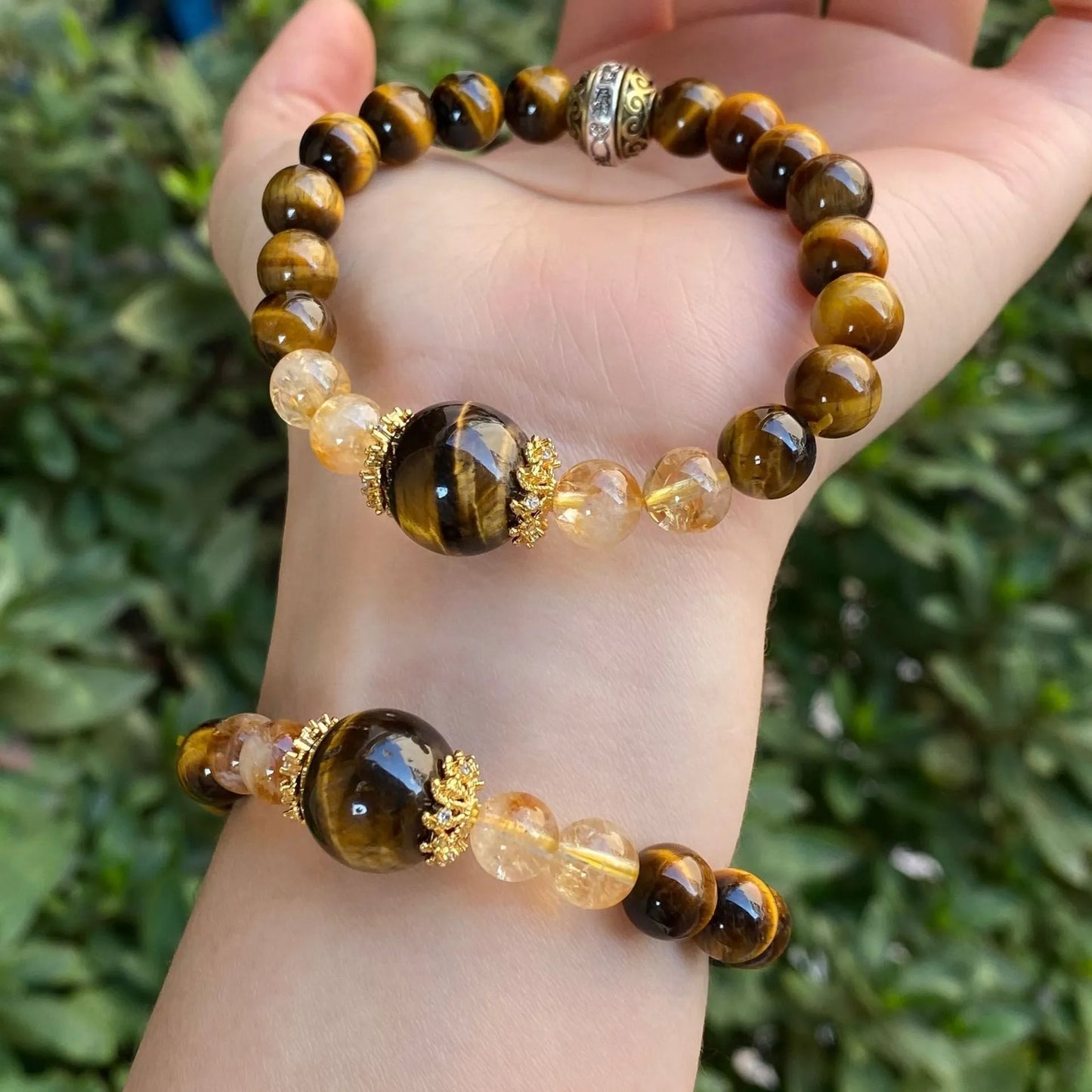 Handmade unisex crystal bracelet with a diamond gourd charm and assorted 10mm and 8mm beads.
