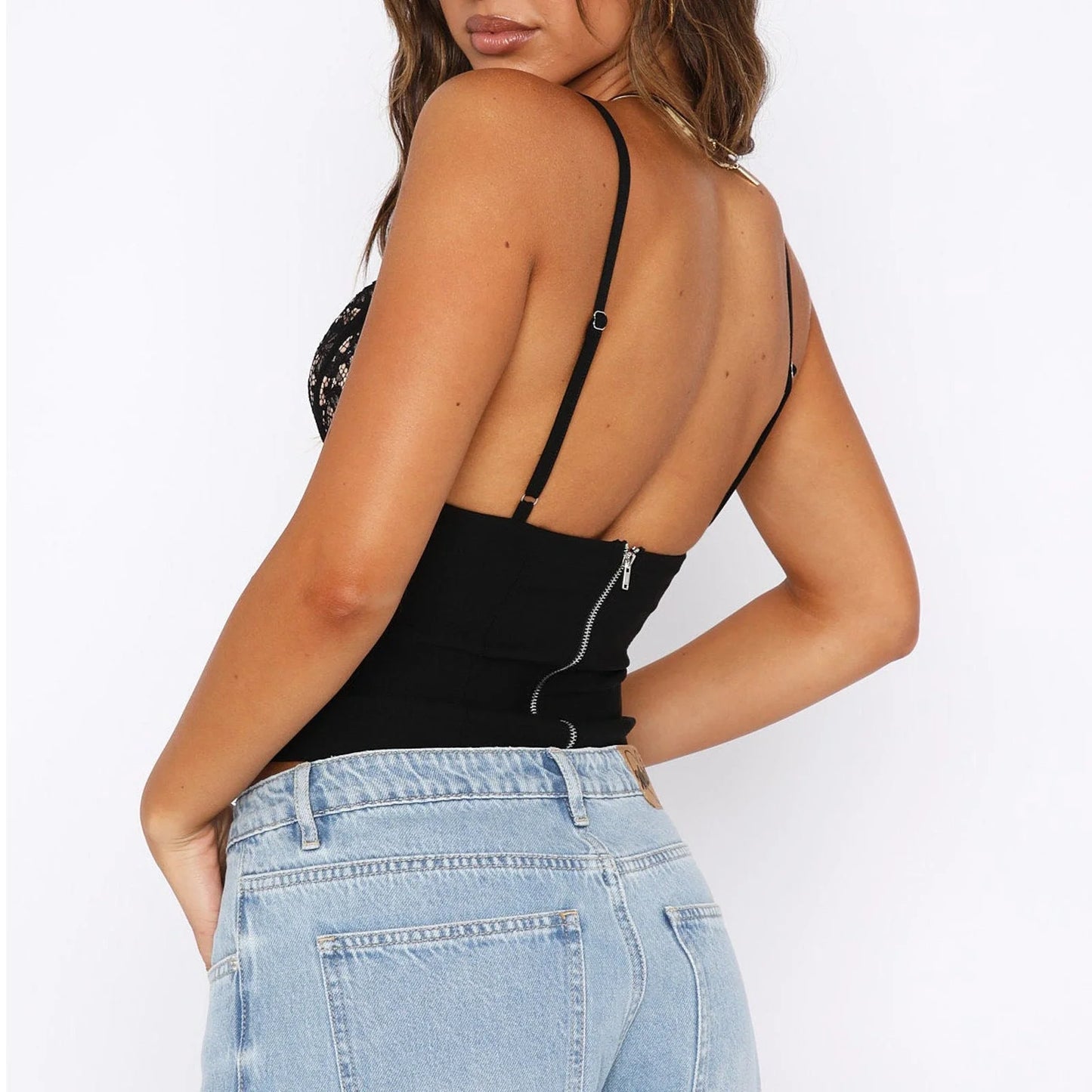 Stylish women's V-neck lace camisole with back zipper for summer