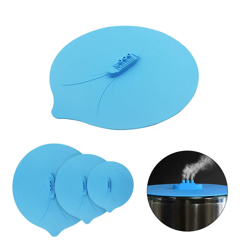 Creative silicone pot lid in blue color, designed with a unique shape and hook for easy storage